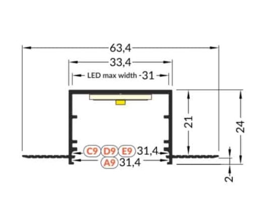 1m LED juostos priglaistomo profilio VARIO30-05 matmenys