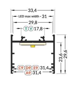 LED juostos profilis TOPMET VARIO30-02 matmenys
