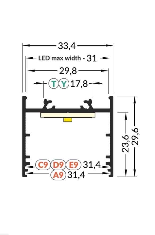 LED juostos profilis TOPMET VARIO30-02 matmenys