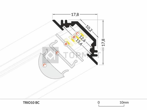 LED juostos profilis TOPMET TRIO10 dimensijos