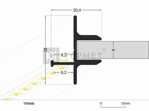 1m LED juostos profilis TOPMET TWIN8 dimensijos