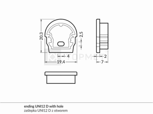 LED juostos profilio UNI12 užbaigimo elementas D su skyle