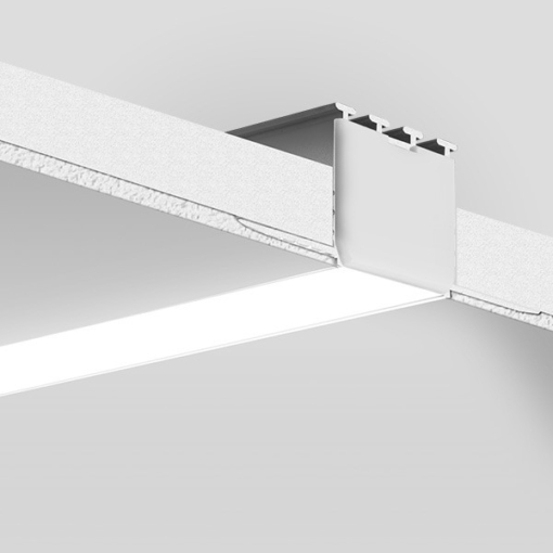 Priglaistomas LED profilis KLUS KOZEL su dangteliu ir užbaigimo elementu įmontuotas lubose